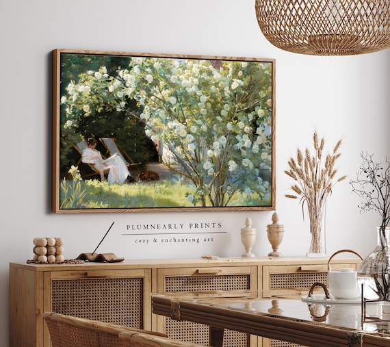 Reading Woman Floral Landscape Oil Painting Framed Canvas Art