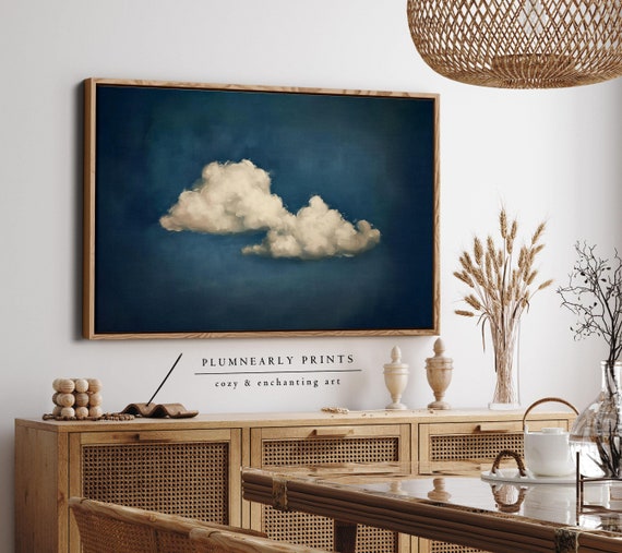 Indigo Blue Cloud Oil Painting Framed Canvas, Abstract Minimalist Sky Art, Modern Dark Blue Wall Decor, Maximalist Living Room Artwork