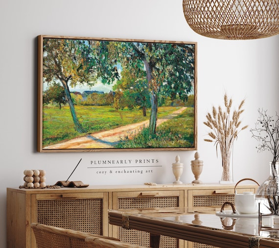 Guillaumin Vibrant Country Landscape Framed Canvas, Vintage Impressionist Art, Bold Maximalist Chartreuse Frog Green Oil Painting Decor