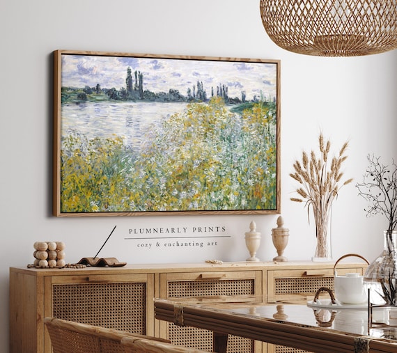 Monet Water Landscape Oil Painting Framed Canvas, Neutral Impressionist River Wildflower Field Scene, Muted French Country Home Decor