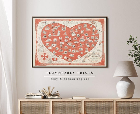 Romantic Love Heart Map Framed Canvas, Antique Loveland Map Wall Art, Vintage Pink Cherry Red Heart Illustration, Valentines Couples Gift