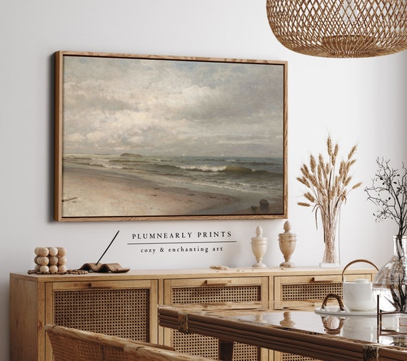 Beach Landscape Oil Painting Framed Canvas, Vintage Seascape Classic Beach Wall Art, Coastal Decor, Ocean Waves Poster, Nautical Theme