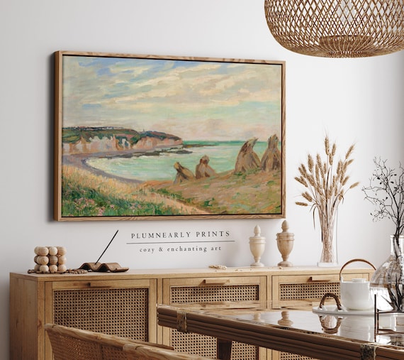 Guillaumin Pastel Coastal Landscape Framed Canvas, Vintage Impressionist Painting, Neutral Aquamarine Sea Blue Seaside Beach House Decor