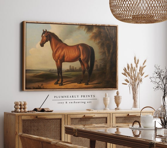 Vintage Horse Portrait Oil Painting Framed Canvas Art, Antique Rustic Farmhouse Wall Art, Classic English Manor Countryside Equestrian Decor