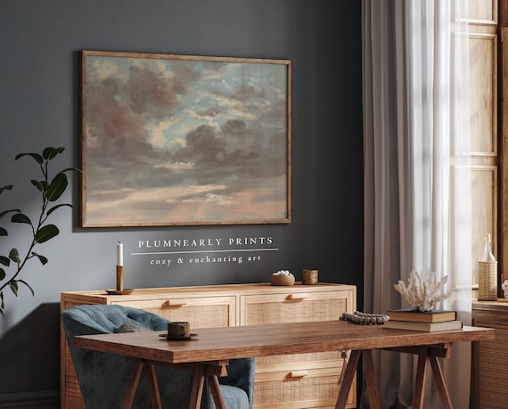Clouds Landscape Oil Painting Art Print Poster, Vintage Moody Impressionist Pastel Sky Wall Art, Golden Hour Sunset Luxury Home Decor