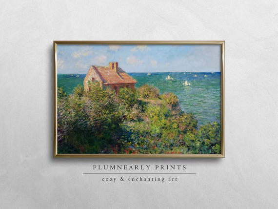 Monet Fisherman's Cottage Landscape Oil Painting Digital Art Print, Coastal Seaside Impressionist Vibrant Sea, Sailboat Nautical Wall Decor