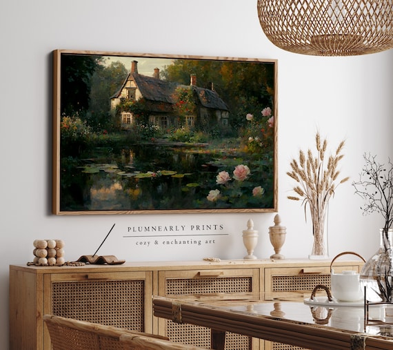 English Cottage Oil Painting Framed Canvas Art. Rose Garden Wall Art. Spring Cottagecore Art. Vintage Warm Cozy Cottage Print