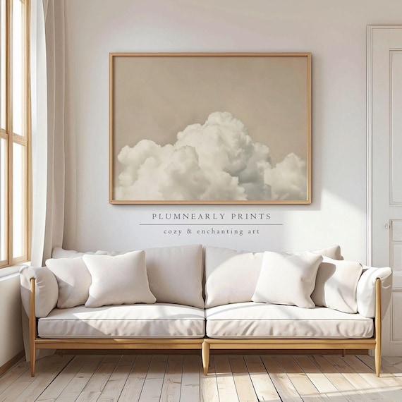 Beige Cloud Oil Painting Art Print Poster, Abstract Cloudscape Large Wall Art, Neutral White Cream Tan Sky, Modern Minimalist Home Decor
