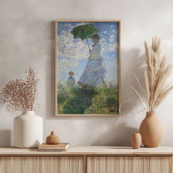 Monet Woman with a Parasol Oil Painting Art Print Poster, Blue Green Impressionist Home Decor, Romantic French Country Summer Wall Art