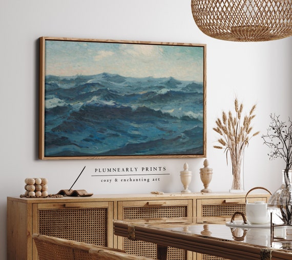 Ocean Waves Landscape Oil Painting Framed Canvas, Blue Sea Artwork Sailing Seascape Coastal Decor, Vintage Beach House Nautical Wall Art