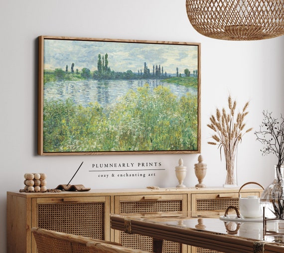 Monet River Landscape Oil Painting Framed Canvas, Banks of the Seine River, Impressionist French Country Muted Wildflowers Wall Decor