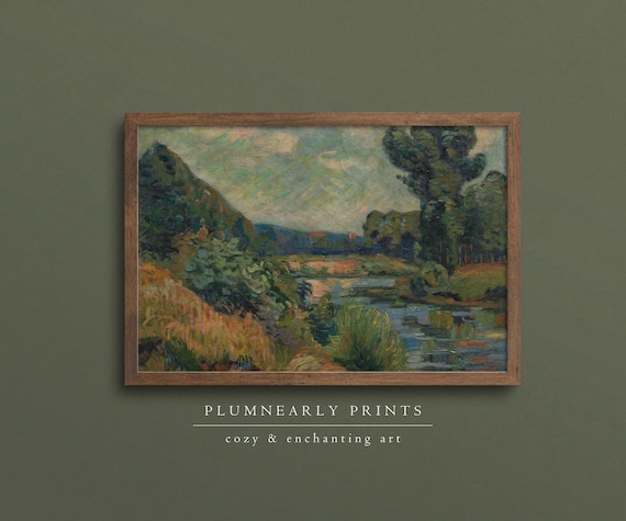 Guillaumin Mountain River Landscape Art Print Poster, Impressionist Painting, Aquamarine Blue Chartreuse Sage Green Mustard Yellow Decor