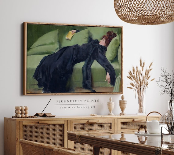 Casas Decadent Girl Portrait Oil Painting Framed Canvas, Woman Laying on Green Sofa, Vintage Classic Wall Decor, Elegant Dark Academia