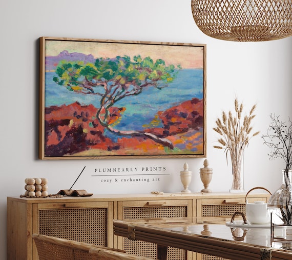 Guillaumin Fauvist Coastal Tree Painting Framed Canvas, Vintage Maximalist Beach House Sea Blue Chartreuse Green Cinnamon Red Wall Decor