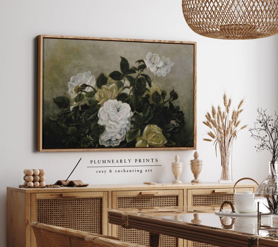 Muted Floral Rose Oil Painting Framed Canvas, Vintage Flower Still Life Wall Art, Classic Romantic Neutral Beige Sage Green Home Decor