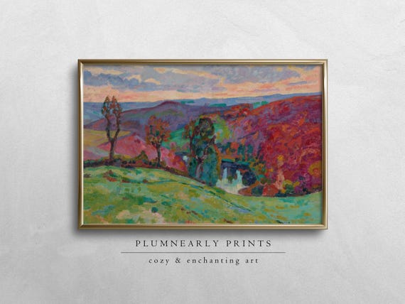 Guillaumin Vibrant Autumn Hill Landscape Digital Art Print, Bold Chartreuse Green Cherry Red Periwinkle Mauve Fig Purple Painting Wall Decor