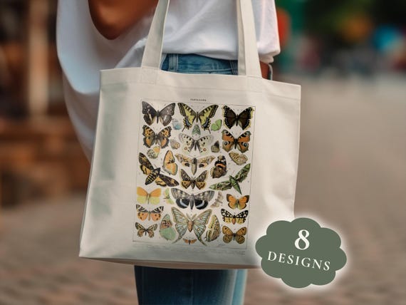 Adolphe Millot Vintage Butterflies Illustration Poster Canvas Tote Bag, Antique Papillons Entomology Wall Art, Insect Nature Lover Gift