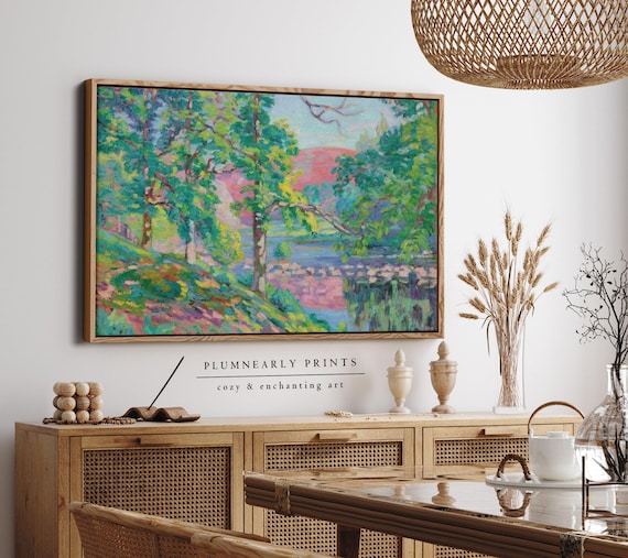 Guillaumin Vibrant Forest Riverbank Landscape Framed Canvas, Chartreuse Frog Green Aquamarine Icy Sky Blue Bubblegum Pink Painting Decor