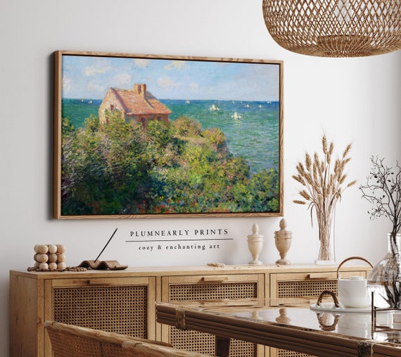 Monet Fisherman's Cottage Landscape Oil Painting Framed Canvas, Coastal Seaside Impressionist Vibrant Sea, Sailboat Nautical Wall Decor