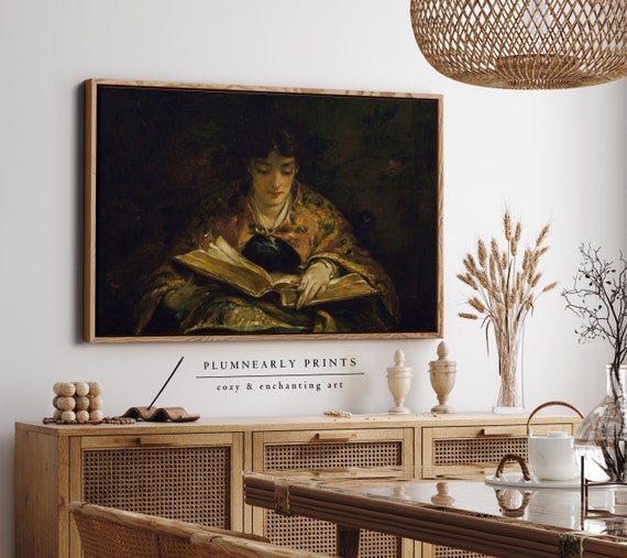 Woman Reading Antique Portrait Oil Painting Framed Canvas Art, Vintage Library Book Lover Gift, Cozy Dark Academia Girl Reading Nook Decor