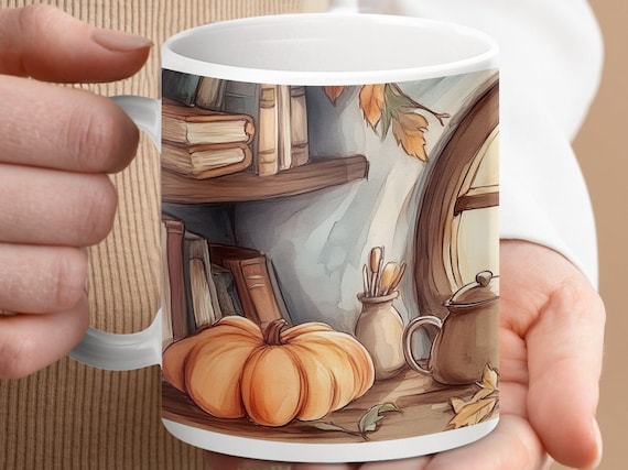 Cozy Autumn Hobbit Reading Nook Illustration Mug, Fall Themed Coffee Mug, Book Lover's Gift, Pumpkin Spice Mug, Drinkware for Bookworms