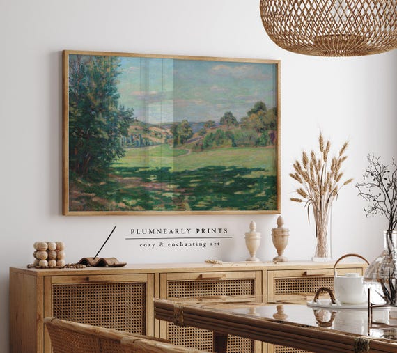 Guillaumin Rolling Hills and Meadow Art Print Poster, Vintage Impressionist Oil Painting Landscape, Frog Green Aquamarine Icy Blue Decor