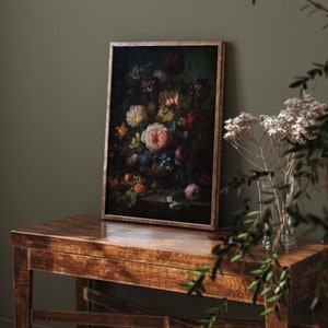 Stampa artistica con poster di natura morta floreale, classica arte murale botanica vintage scura, elegante decorazione per la casa estetica e malinconica in stile cottagecore scuro