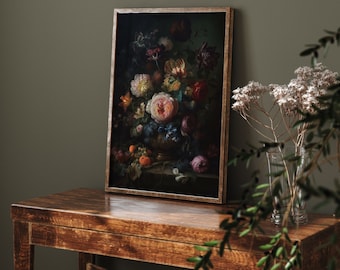 Floral Still Life Dark Oil Painting Art Print Poster