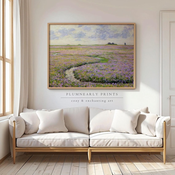 Alberts Wildflower Field Landscape Oil Painting Art Print Poster, Impressionist Lavender Flower Field, Vintage Purple Wildflower Wall Decor