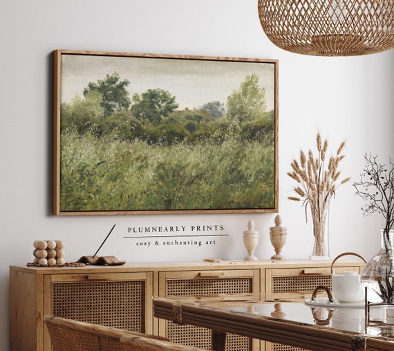 Skovgaard Field of Oats Landscape Oil Painting Framed Canvas, Vintage Cottagecore Countryside Field, Classic Nature Green Wall Decor