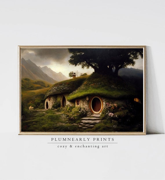 The Shire Oil Painting. Hobbitcore Decor. Hobbit Hole Landscape. Halfling House Wall Art. Cozy Earth Home Print. PRINTABLE Digital Download