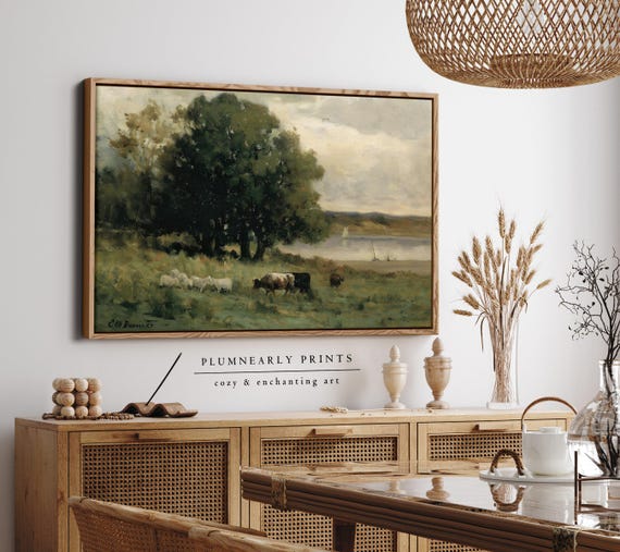 English Country Landscape Framed Canvas, Rustic Countryside Meadow Cows Oil Painting, Vintage Cottagecore Beige Olive Sage Green Decor