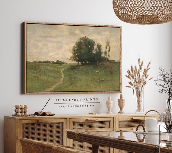 English Country Landscape Oil Painting Framed Canvas, Vintage French Countryside Wall Art, Antique Cottagecore Green Field Home Decor