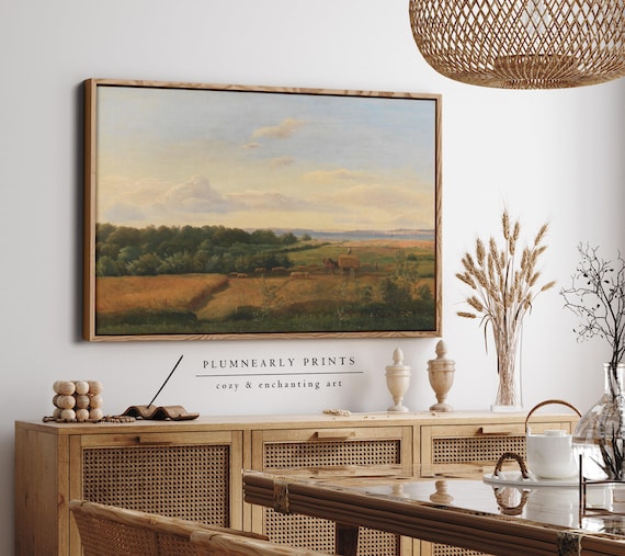 Dreyer Golden Countryside Landscape Framed Canvas, Antique Cottagecore Oil Painting, Periwinkle Sky Blue Sage Green Mustard Yellow Decor