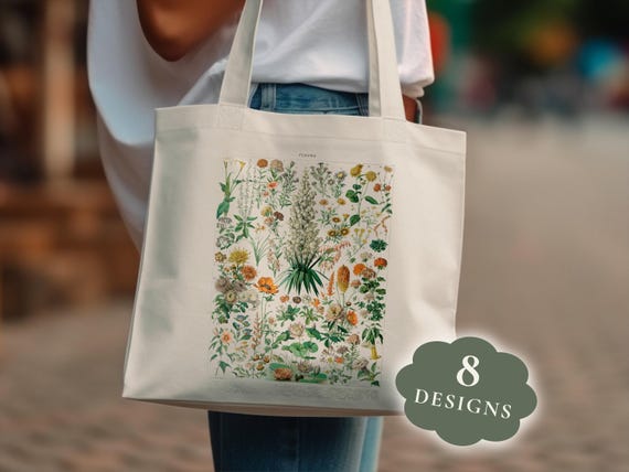 Adolphe Millot Vintage Flowers Illustration Poster Canvas Tote Bag, Antique Floral Botanical Wall Art, French Wildflowers Chart Home Decor