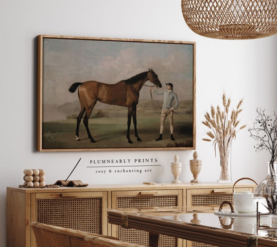 Vintage Horse Portrait Oil Painting Framed Canvas Art, Classic Horse & Groom Painting, Antique Equestrian Wall Art, English Manor Home Decor