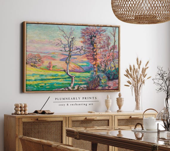 Guillaumin Colorful Hills and Trees Landscape Framed Canvas, Chartreuse Yellow Green Bubblegum Blush Powder Pink Aquamarine Blue Decor