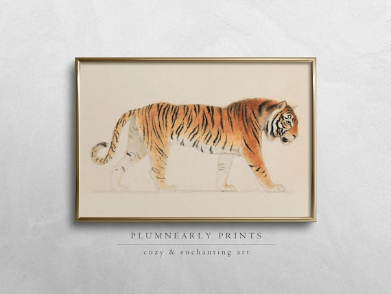 Tiger Watercolor Painting Digital Art Print, Stothard Vintage Jungle Animal Illustration Wall Art, Maximalist Big Cat Lover Gift Home Decor