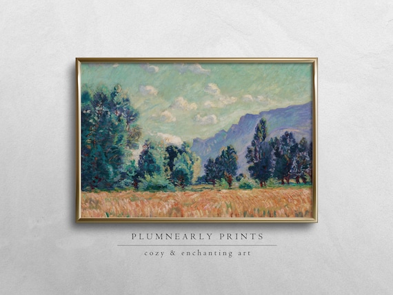 Guillaumin Golden Wheat Field Landscape Digital Art Print, Maximalist Aquamarine Turquoise Buttercream Marigold Yellow French Country Decor