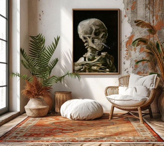 Skull of a Skeleton with Burning Cigarette Van Gogh Oil Painting Art Print Poster, Vintage Dark Academia Gothic Moody Aesthetic Wall Decor