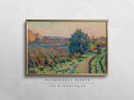 Guillaumin Pastoral Farm Sunset Digital Art Print, Vintage Impressionist Landscape, Chartreuse Green Sunshine Yellow French Country Decor