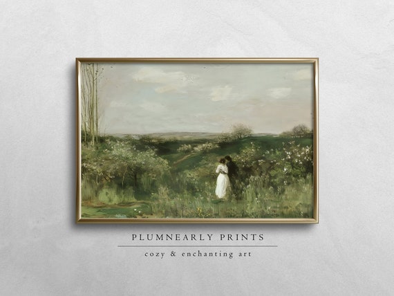 English Country Landscape Oil Painting Art Print Poster, Vintage Romantic Couple Anniversary Gift, Floral Wildflowers Meadow Scenic Print
