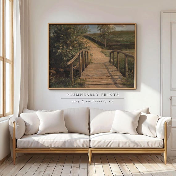 Dreyer Old Country Bridge Landscape Art Print Poster, Vintage Antique Rustic Farmhouse Oil Painting, Neutral Sage Green Taupe Wall Decor