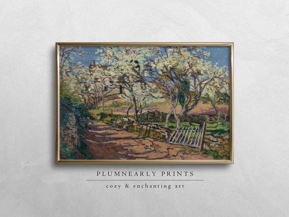 Guillaumin Spring Blooming Orchard Landscape Digital Art Print, Vintage Cottagecore Painting, Light Buttercream Floral Cherry Blossom Trees