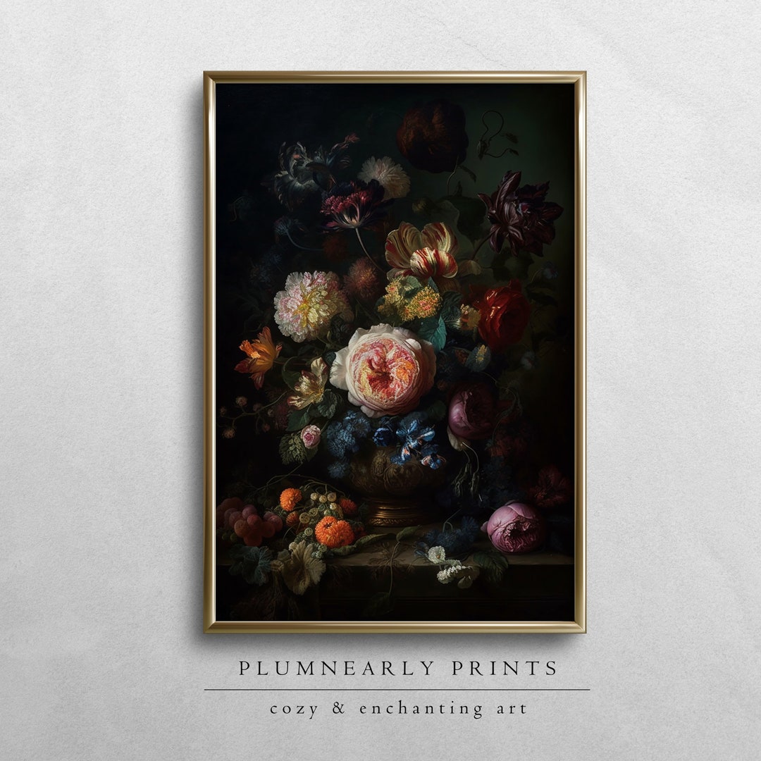 Floral Still Life Painting Digital Art Print, Classic Dark Vintage ...