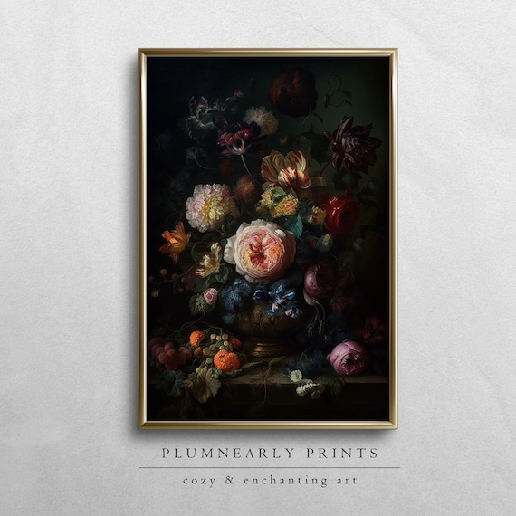 Floral Still Life Painting Digital Art Print, Classic Dark Vintage Botanical Wall Art, Dark Cottagecore Moody Aesthetic Elegant Home Decor