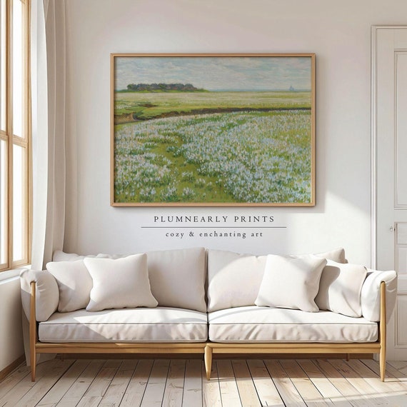 Alberts Vast Summer Landscape Oil Painting Art Print Poster, Impressionist Wildflower Meadow Scene, Light Green Cottagecore Nature Wall Art