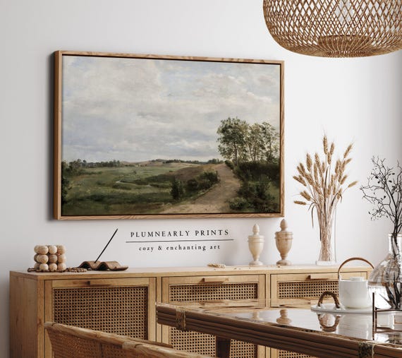 Cottagecore Landscape Framed Canvas, Countryside Serene Nature Scene, Vintage Oil Painting Artwork, Neutral Beige Olive Sage Green Decor
