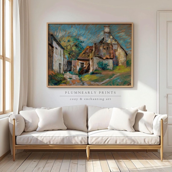 Guillaumin Pastel Village Landscape Art Print Poster, Vintage Impressionist French Country Cottage, Bold Maximalist White Icy Blue Decor