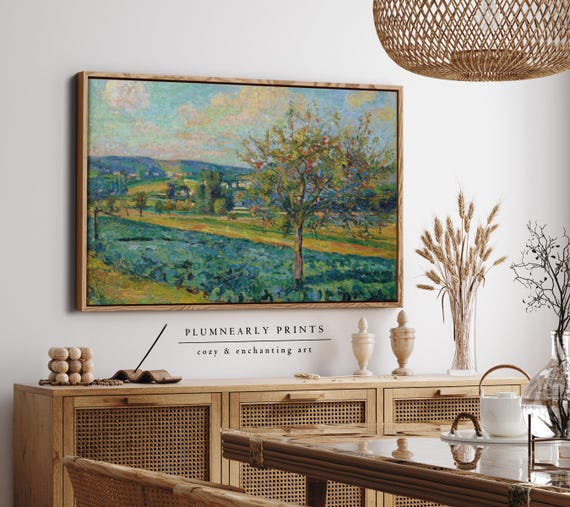 Guillaumin Orchard Field Impressionist Painting Framed Canvas, Maximalist Chartreuse Yellow Green Teal Aquamarine Sky Blue Wall Decor